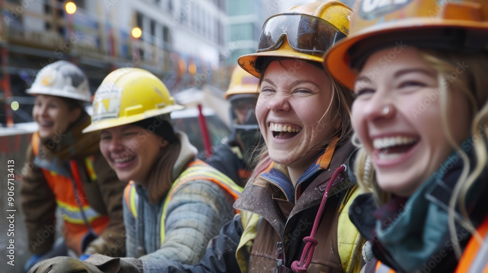 Group of several happy women doing construction work at construction site Group of several happy women doing construction work at construction site
