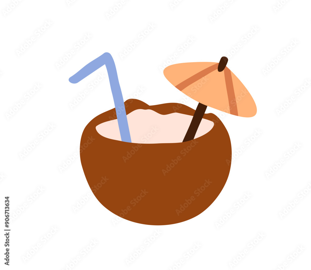 Coconut drink with straw and umbrella. Tropical summer cocktail, refreshing beverage. Exotic beach Hawaii water. Healthy sweet coco milk. Flat vector illustration isolated on white background Coconut drink with straw and umbrella. Tropical summer cocktail, refreshing beverage. Exotic beach Hawaii water. Healthy sweet coco milk. Flat vector illustration isolated on white background