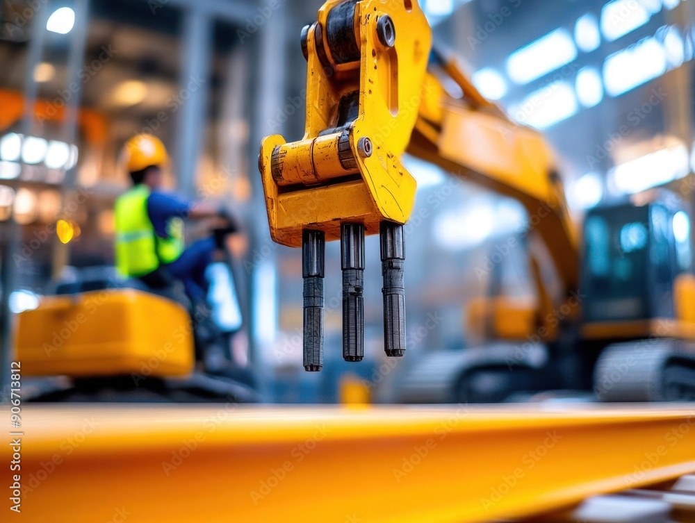 Fototapeta premium Close-up of a construction machinery arm gripping a metal beam in an industrial setting, with a worker operating equipment in the background.