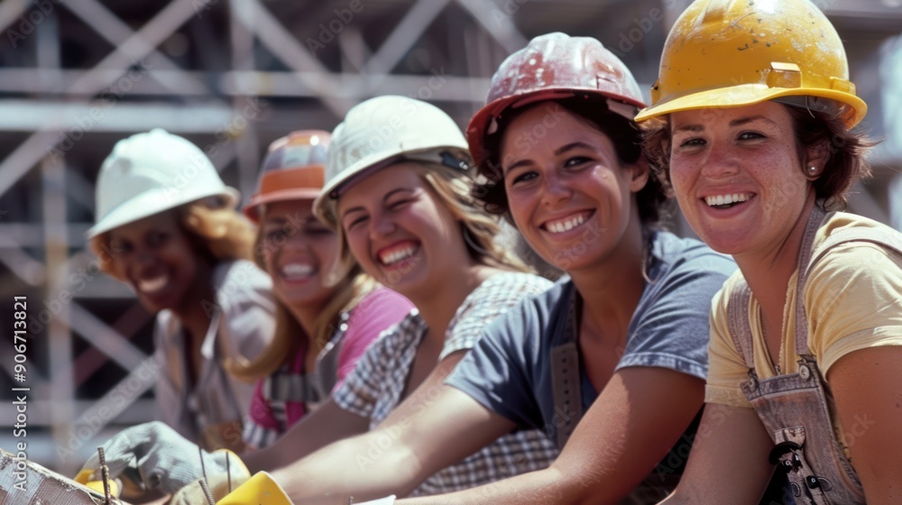 Group of several happy women doing construction work at construction site Group of several happy women doing construction work at construction site