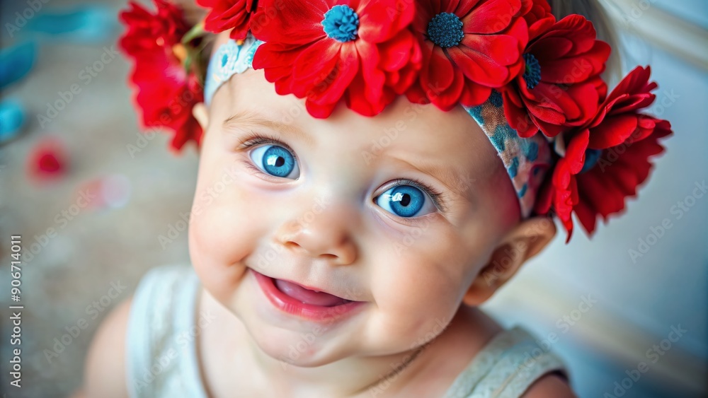 Vibrant red flowers on a soft headband add a whimsical touch to a sweet toddler's outfit, accentuating her bright electric blue eyes and beaming smile. Vibrant red flowers on a soft headband add a whimsical touch to a sweet toddler's outfit, accentuating her bright electric blue eyes and beaming smile.