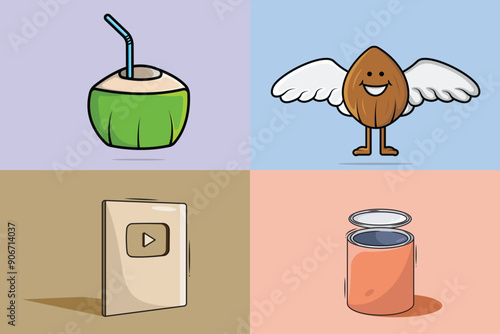 Collection of Coconut with YouTube button and box vector design illustration. photo