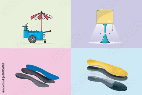 Collection of three-layered Shoe arch with Ice cream vendor street truck and table lamp vector design illustration.