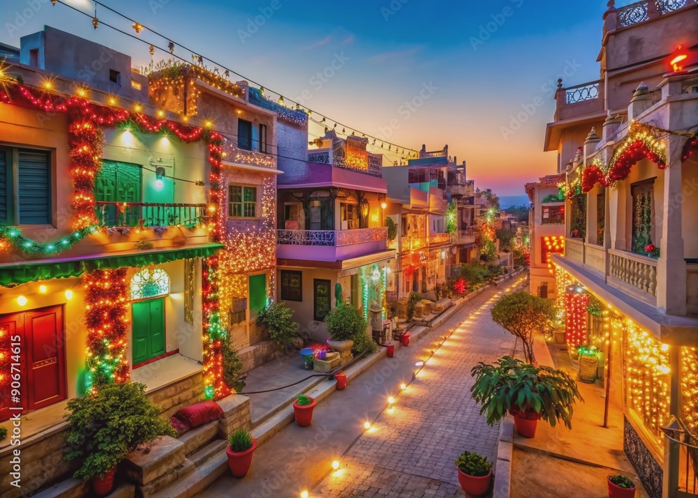 Fototapeta premium Colorful vibrant street scene at dusk featuring rows of Diwali-decorated homes and empty streets illuminated with twinkling lights and festive decorations.