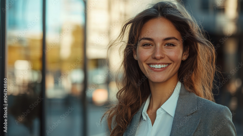 Smiling businesswoman in urban setting, professional attire, sunny day, city background, joyful expression, modern business district, outdoor portrait Smiling businesswoman in urban setting, professional attire, sunny day, city background, joyful expression, modern business district, outdoor portrait