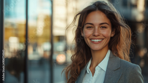Wallpaper Mural Smiling businesswoman in urban setting, professional attire, sunny day, city background, joyful expression, modern business district, outdoor portrait Torontodigital.ca