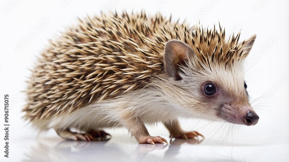 Obraz premium Small, cute African hedgehog with naturally modified feathers turned into hard, pointed thorns, walks and searches on a clean white background, full body visible.