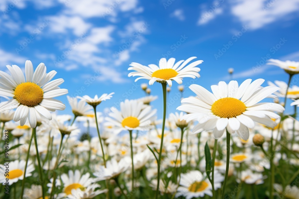 A close-up shot of a field of white daisies against a blue sky A close-up shot of a field of white daisies against a blue sky