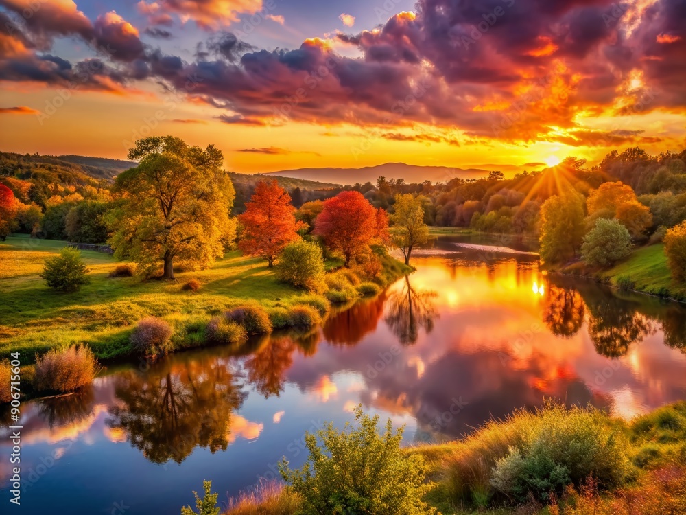 Naklejka premium Warm sunlight casts a golden glow on the serene natural landscape, with vibrant orange and pink hues illuminating the calm atmosphere at dusk.