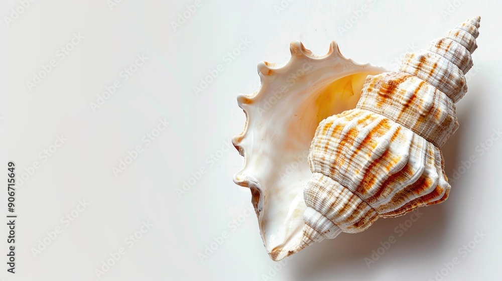Close up of spiral conch shell on white background with space for text