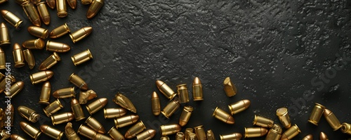 Many brass gun bullets on a black table closeup. Free copy space for text.