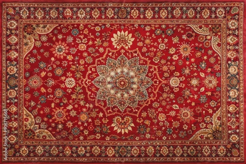 Vibrant red ornate rug with intricate vintage Arabian-inspired patterns and motifs, providing a unique textured background with ample copy space for text or design.