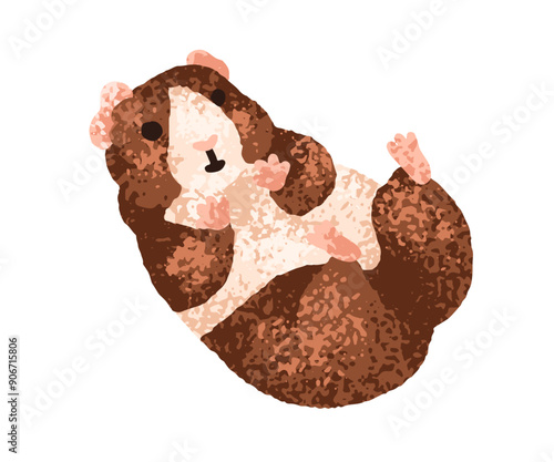 Guinea pig lying with soft belly and paws up. Cute baby cavy, funny rodent. Adorable miniature pet in sweet kawaii pose. Lovely little animal. Flat vector illustration isolated on white background