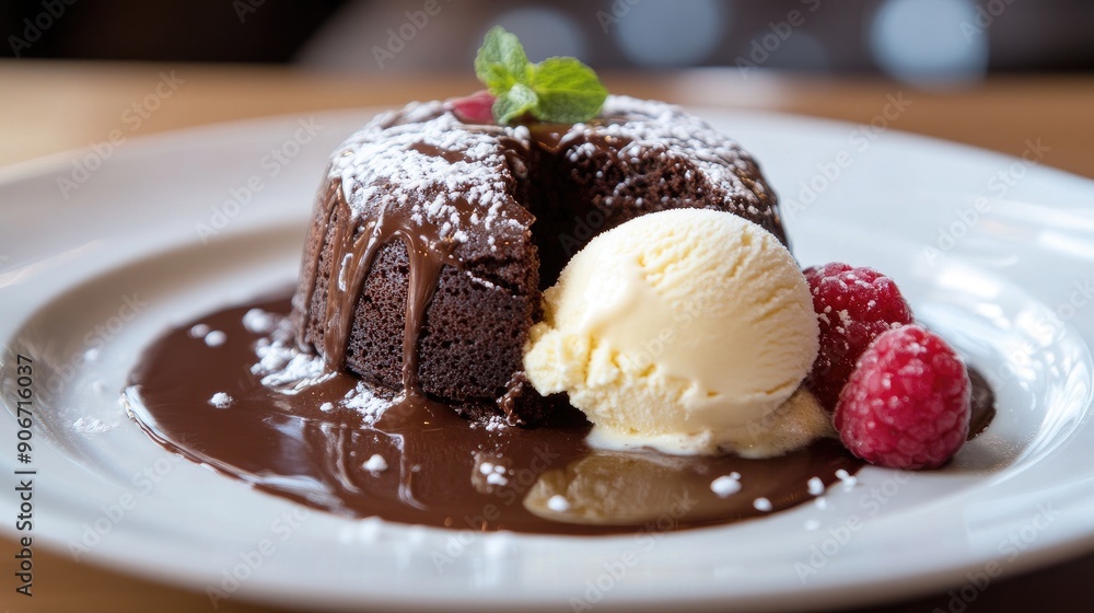 Decadent chocolate lava cake with a molten center, beautifully plated with a scoop of vanilla ice cream. Decadent chocolate lava cake with a molten center, beautifully plated with a scoop of vanilla ice cream.