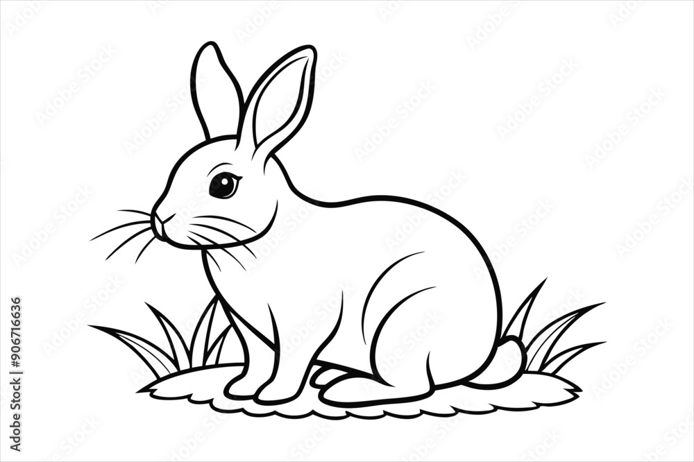 Fototapeta premium A rabbit sitting calmly on a patch of grass line art vector