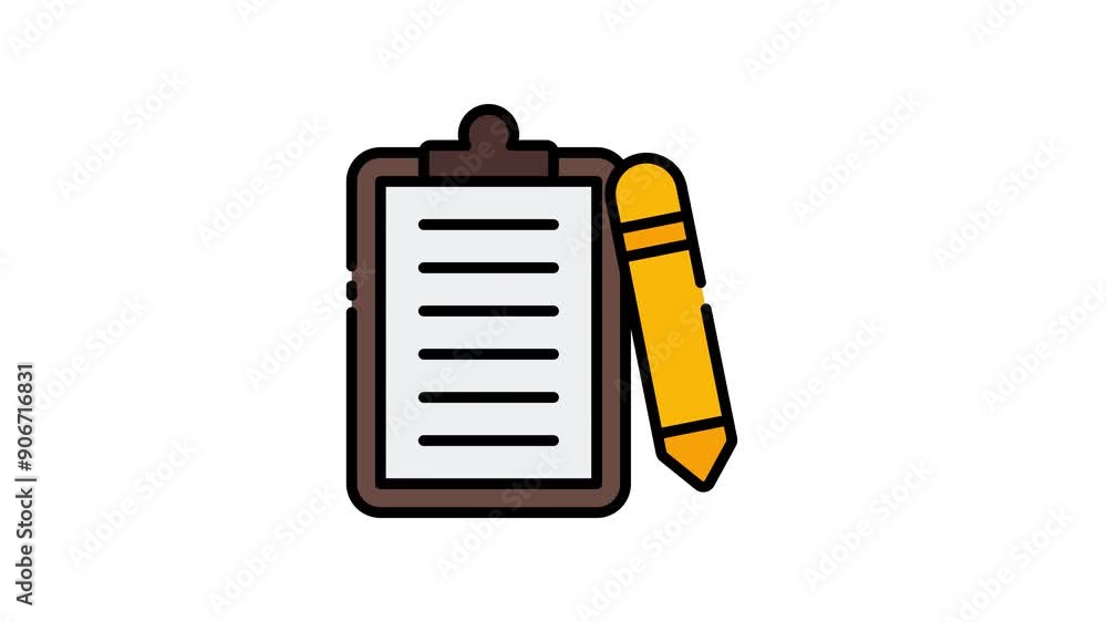 Clipboard with lined paper and yellow pencil icon motion graphic animation Clipboard with lined paper and yellow pencil icon motion graphic animation