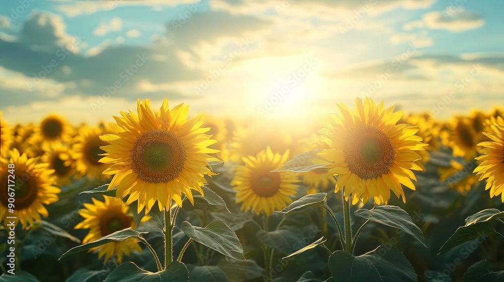 Fototapeta premium Golden Sunset Over Blooming Sunflower Field