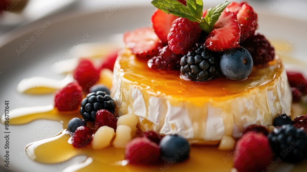 Elegant serving of baked brie with a honey drizzle and fresh berries. Elegant serving of baked brie with a honey drizzle and fresh berries.