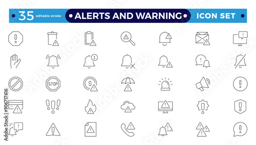 Warning and risk. Set of line icons in linear style. Warning exclamation mark, attention, danger, notice, stop. Alerts and Warning editable stroke outline icon. 
