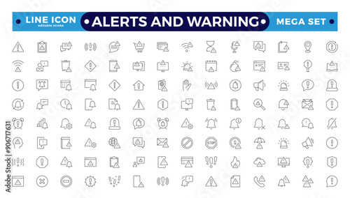 Warning and risk. Set of line icons in linear style. Warning exclamation mark, attention, danger, notice, stop. Alerts and Warning editable stroke outline icon. 
