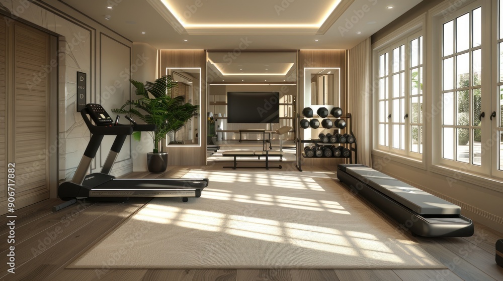 Fototapeta premium Minimalist home gym with sleek treadmill, wall-mounted weights, large mirror.