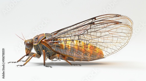 A detailed cicada with transparent wings, showcasing intricate patterns, isolated on a white background with ample copy text space photo