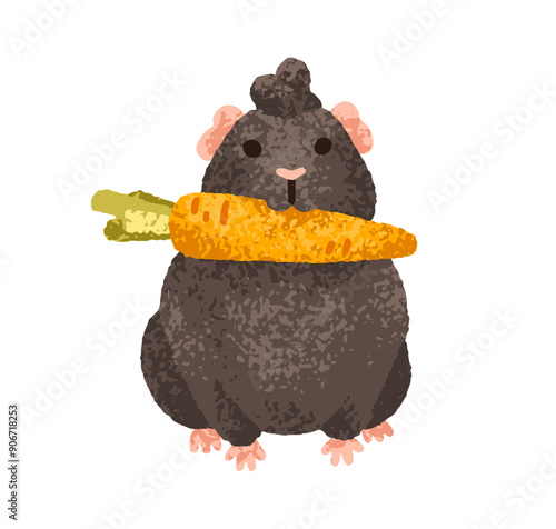 Cute guinea pig with carrot in mouth. Funny kawaii cavy animal feeding with v...