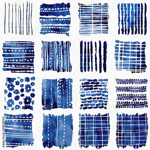 Modern blue white irregular beach patched shape mix for summer doodle beachwear design. Coastal mariner background for seaside living style in repeatable tile.