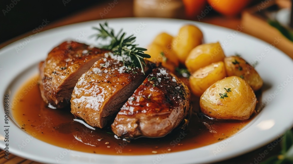Elegant serving of duck orange with a rich orange sauce and a side of roasted potatoes. Elegant serving of duck orange with a rich orange sauce and a side of roasted potatoes.