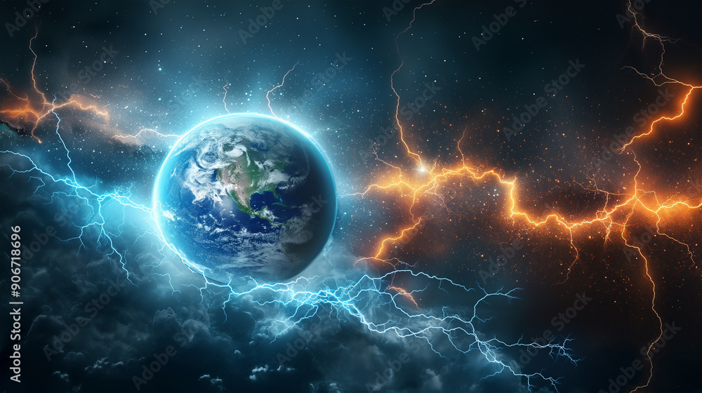 Obraz premium The Earth globes over the Lightning​ isolation, Illustration