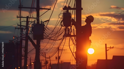 Electrician Working on Electrical Poles at Sunset.