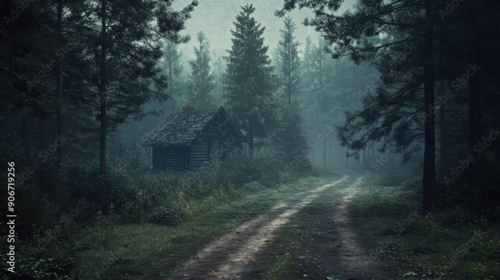 Fototapeta premium Enigmatic Path to Secluded Cabin in Pine Forest, Captivating Wilderness Hideaway