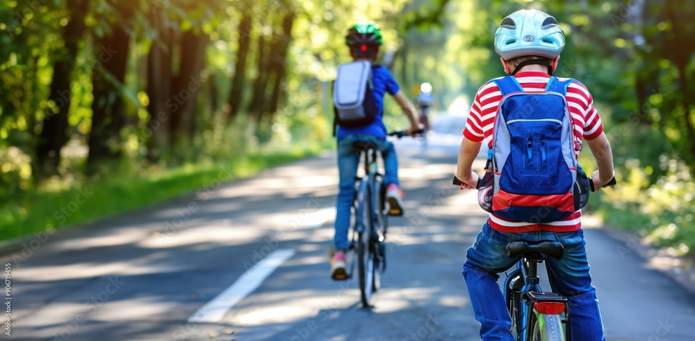 Fototapeta premium School children cycling to school with backpacks on the road