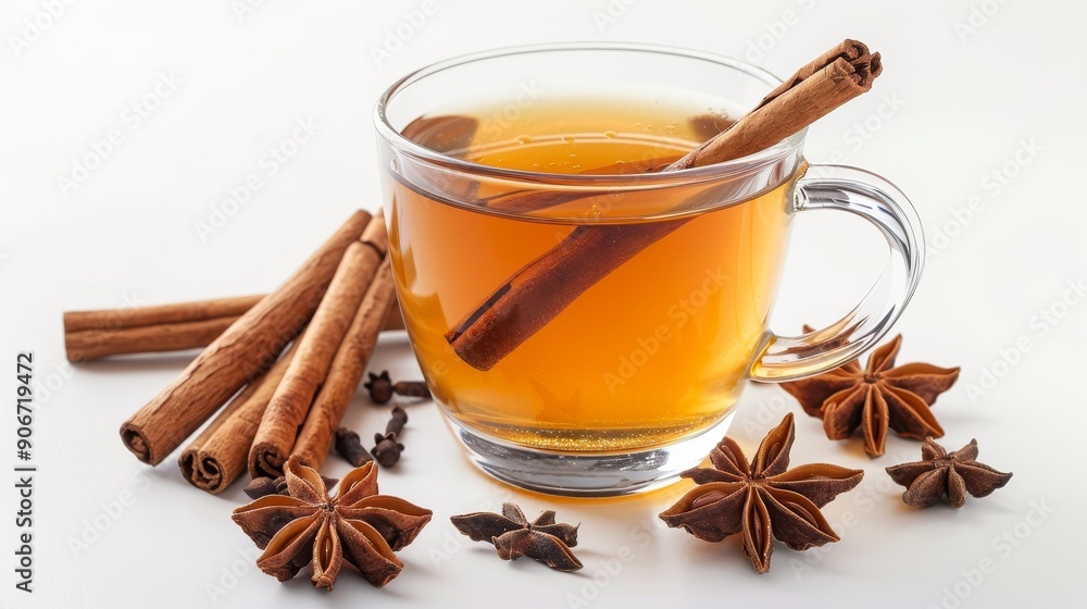 A steaming cup of cider with cinnamon sticks and star anise, isolated on a white background, perfect for seasonal advertisements with ample copy text space A steaming cup of cider with cinnamon sticks and star anise, isolated on a white background, perfect for seasonal advertisements with ample copy text space