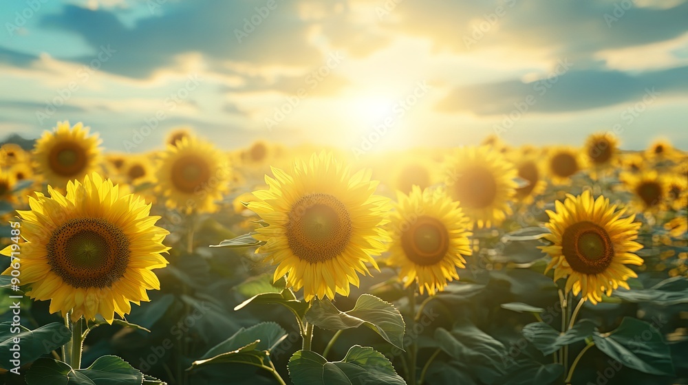 Fototapeta premium Golden Sunset Over Blooming Sunflower Field