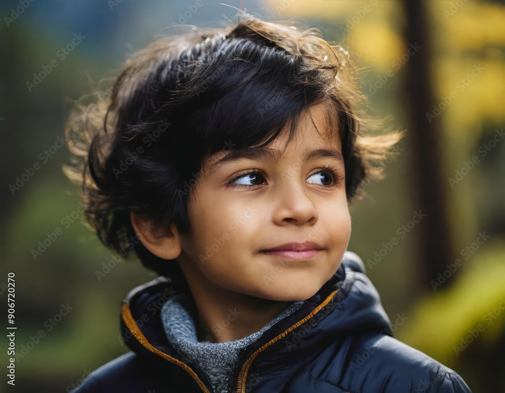 Boy, black hair and jacket in fall, portrait shot, looking away, hopeful and happy, bokeh background Boy, black hair and jacket in fall, portrait shot, looking away, hopeful and happy, bokeh background