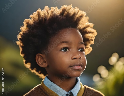 armerican boy portrait in shirt and jacket in fall, black afro portrait shot, looking away, tense and concentrated, student outside, bokeh background in fall sunlight photo