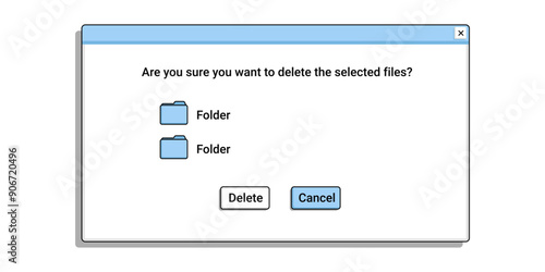 Retro window with message. Delete file notification with text. Remove folder from computer.