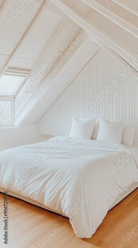 Soft  white bedding adorned with fluffy pillows creates a serene atmosphere in a sunlit bedroom decorated with green plants