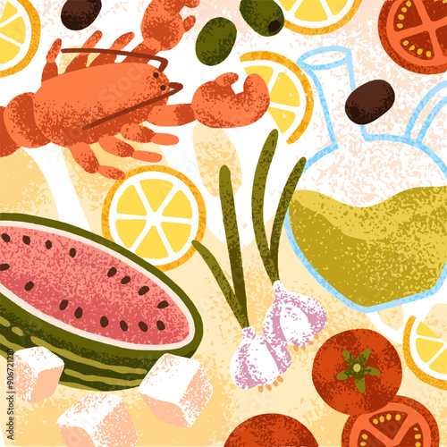 Food, Mediterranean cuisine card. Lobster, vegetables, olive oil. Italian and Greek kitchen with tomato, feta cheese. Gourmet fresh healthy eating, scattered ingredients. Flat vector illustration