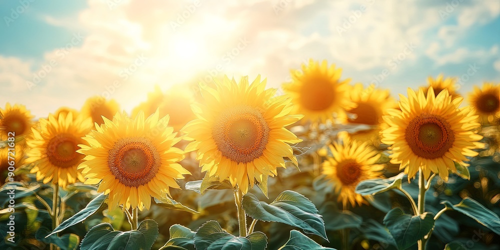 Golden Sunset Over Blooming Sunflower Field Golden Sunset Over Blooming Sunflower Field