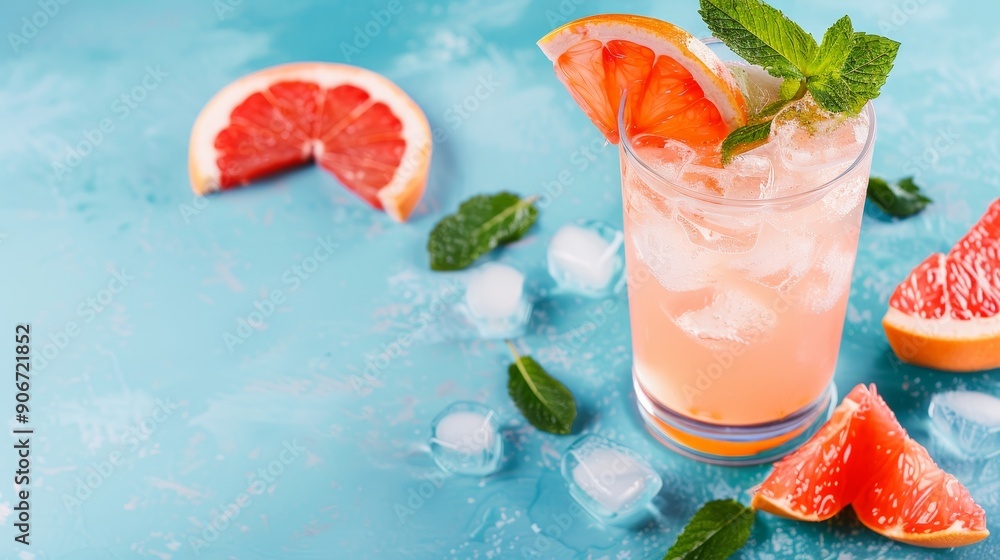 A modern still life with a grapefruit cocktail, garnished with a grapefruit slice and mint, emphasizing vibrant colors and tropical vibes A modern still life with a grapefruit cocktail, garnished with a grapefruit slice and mint, emphasizing vibrant colors and tropical vibes