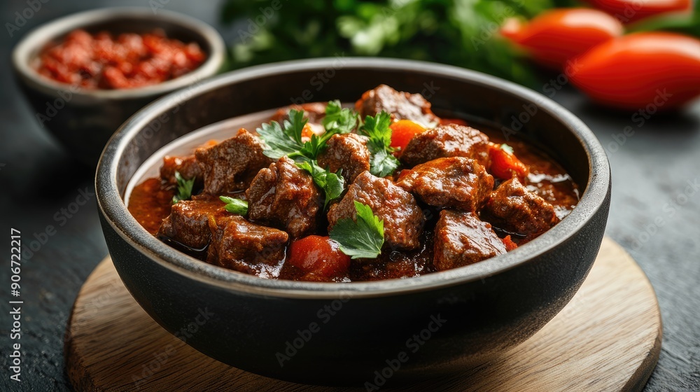 Hearty bowl of beef goulash with tender meat and a rich paprika sauce. Hearty bowl of beef goulash with tender meat and a rich paprika sauce.