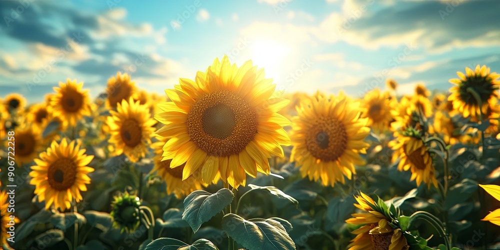 Golden Sunset Over Blooming Sunflower Field Golden Sunset Over Blooming Sunflower Field