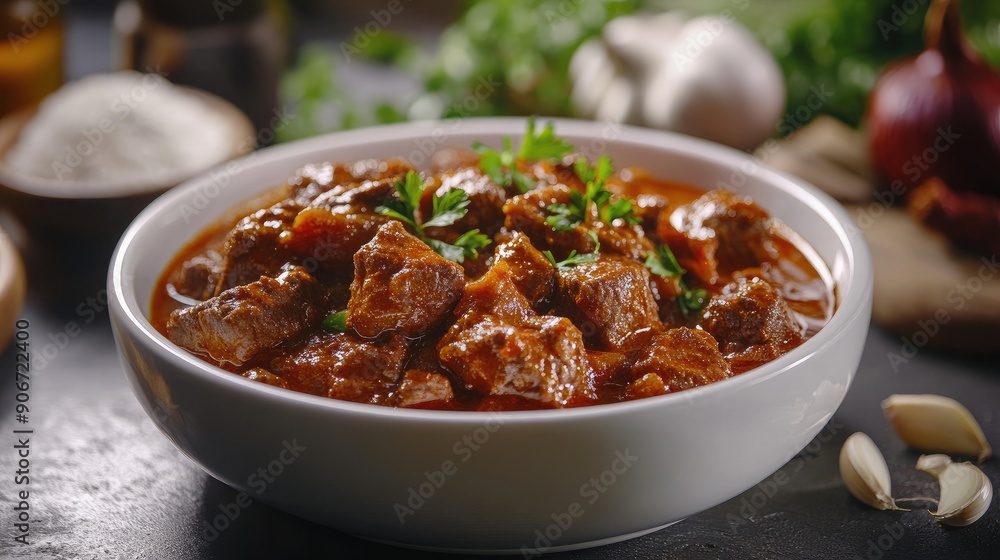Hearty bowl of beef goulash with tender meat and a rich paprika sauce. Hearty bowl of beef goulash with tender meat and a rich paprika sauce.