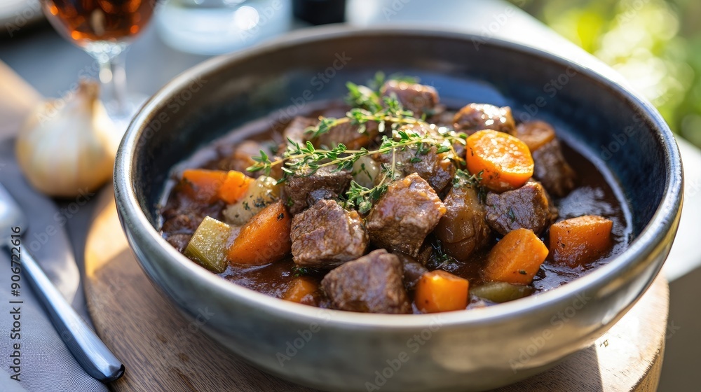 Hearty bowl of beef stew with tender meat and root vegetables Hearty bowl of beef stew with tender meat and root vegetables