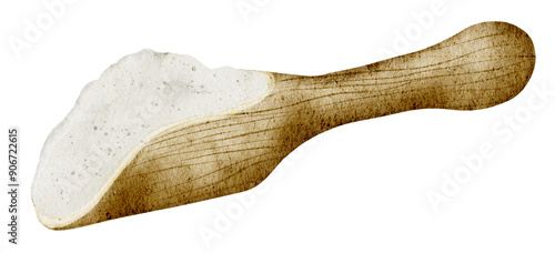 Flour in a wooden spoon watercolor illustration. Drawing of Scoop with Pile of white wheat powder on isolated background. Hand drawn ingredient for bakery or pastry. Art for product packaging.