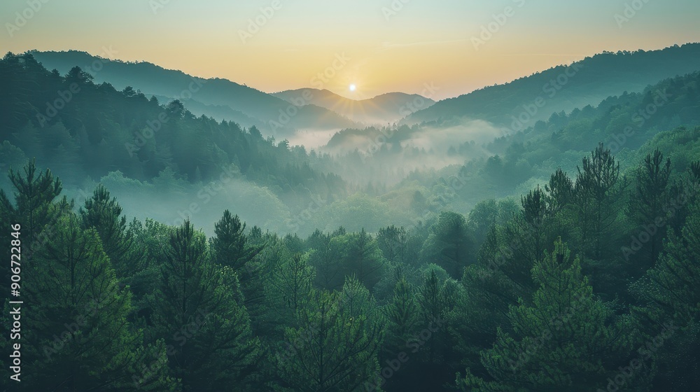 Serene Sunrise Over Misty Mountain Forests with Lush Greenery and Rolling Hills Serene Sunrise Over Misty Mountain Forests with Lush Greenery and Rolling Hills