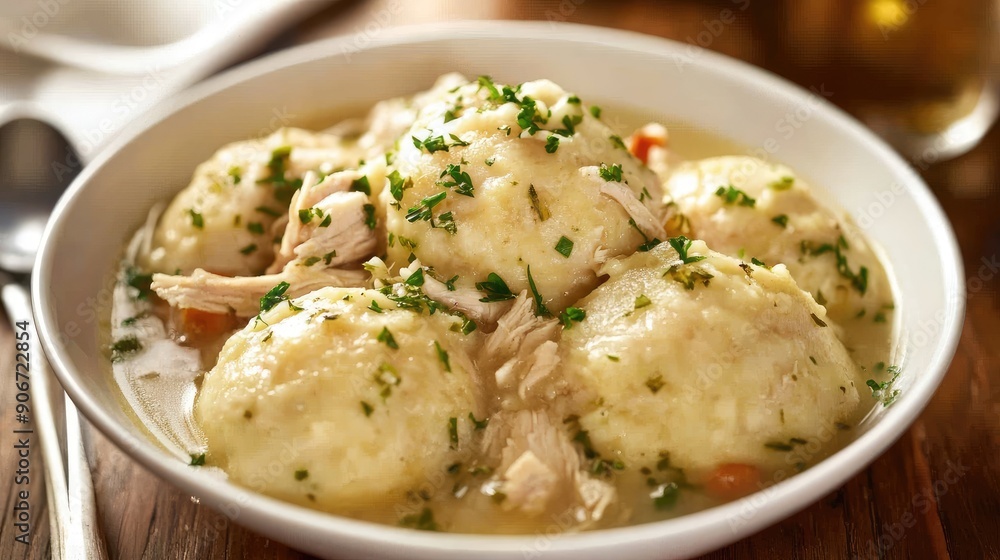 Hearty bowl of chicken and dumplings with tender chicken and fluffy dumplings. Hearty bowl of chicken and dumplings with tender chicken and fluffy dumplings.