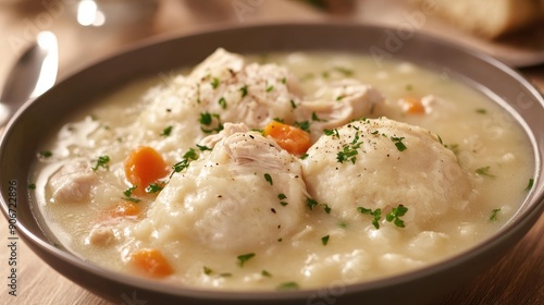 Hearty bowl of chicken and dumplings with tender chicken and fluffy dumplings.